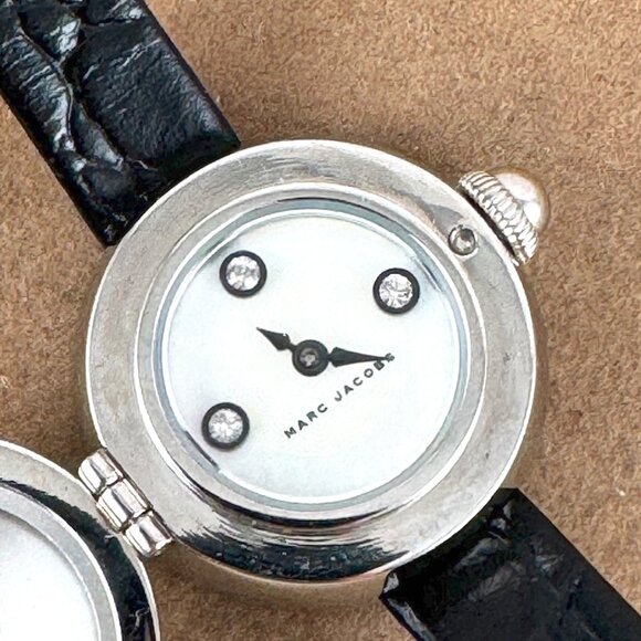 Marc Jacobs Silver Dome Crystal Watch 1 inch in diameter 8.5 inch black strap